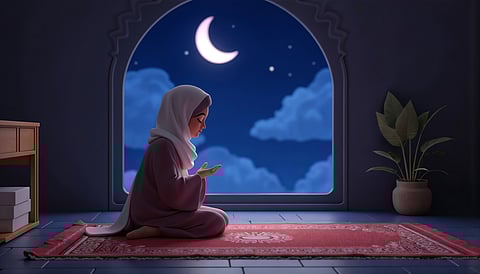 An AI image of a girl offering 'Namaz', a Muslim prayer on a mat.