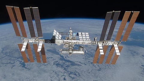 The International Space Station as seen from the departing Space Shuttle Discovery during STS-119.