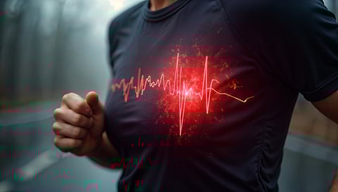 A man running outside with his heart rate shown in his t-shirt in red color. 