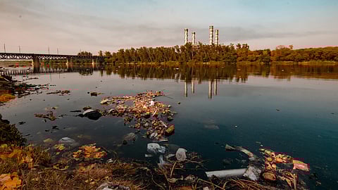 An image of serene river reflects a blue sky, polluted by floating trash near the bank. 