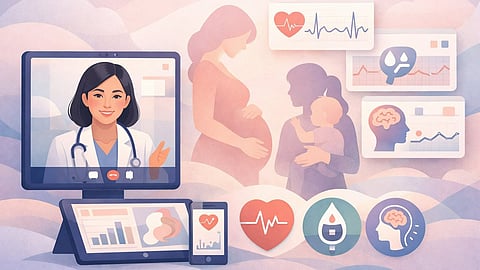 A professional editorial illustration of a virtual healthcare ecosystem focused on women and children