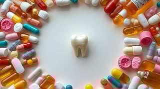 A tooth surrounded by various types of pills, illustrating dental health and medication interaction.
