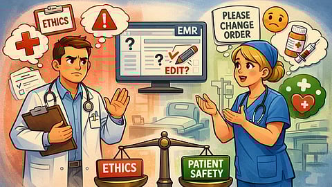 Cartoon-style illustration of a nurse asking a doctor to alter a medication order in an electronic medical record, highlighting ethical tension and patient safety concerns in a hospital setting.