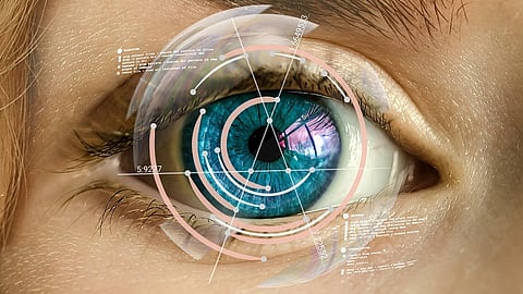 An eye with blue eye ball and different patterns and lines made on it.