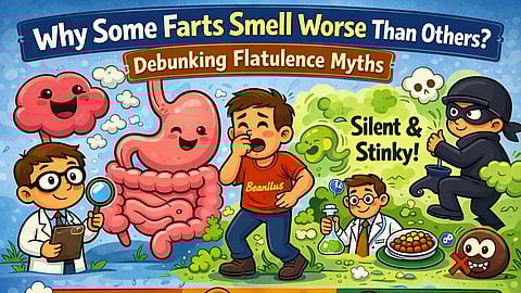 A colorful cartoon illustration showing a happy stomach and intestines releasing gas, a surprised character holding their nose, floating H2S clouds, and playful references to beans and fart myths.