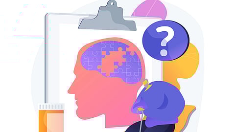 Illustration of human brain made to look like puzzle and large question mark around.