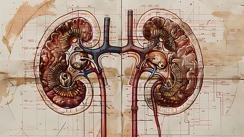 Vintage style anatomical illustration of human kidneys shown in cross-section, with detailed internal anatomy ,over a parchment like background.
