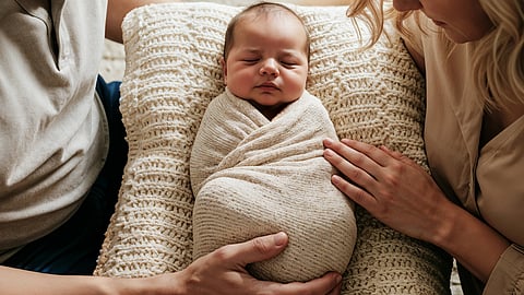 A newborn swaddled in a beige blanket and both parents on either side. 
