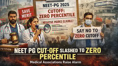 Illustration showing doctors protesting the NEET-PG 2025 cutoff reduction. Three doctors in white coats hold placards reading “Save Merit” and “Say No to Zero Cutoff” in front of a large clipboard displaying “NEET-PG 2025 Cutoff.