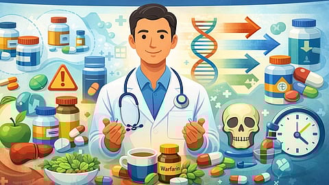 Illustration showing a male doctor in a white coat surrounded by colorful pill bottles, medications, and common foods, representing drug interactions.