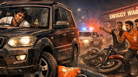 Illustration showing a black SUV involved in an alleged hit-and-run near a Swiggy warehouse in Gurugram, with an injured delivery agent on the road, damaged motorcycles, and protesting delivery workers.