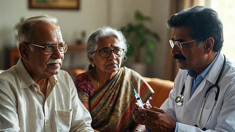 Elderly couple on the left and a doctor holding an injection on the right.