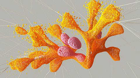 An abstract digital artwork with soft orange and pink shapes blended together in a textured style.