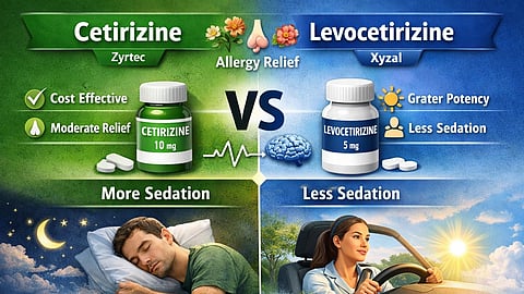 Illustration comparing cetirizine and levocetirizine, highlighting differences in dosage, potency, and sedation.