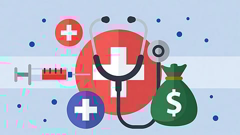 A poster of things including the stethoscope, a dollar bag, injection.