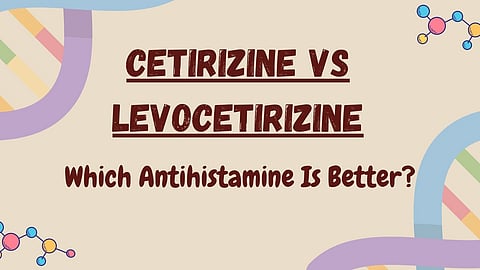 Illustration on a pink background with the text “Cetirizine vs Levocetirizine: Which Antihistamine Is Better?”