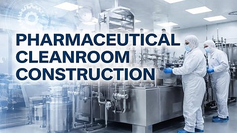 Pharmaceutical Cleanroom Construction text and staff working in factory.