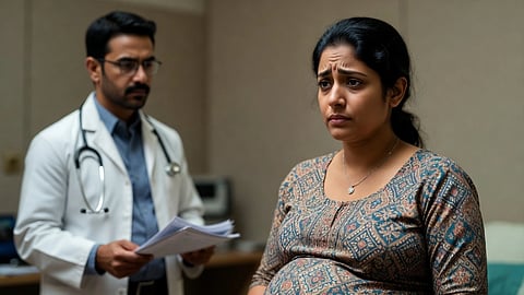 A pregnant woman looking distressed and a doctor holding documents.