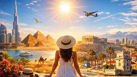 A traveler in a sunlit setting looking for iconic global landmarks, Dubai’s skyline, the Pyramids of Giza, the Acropolis, coastal cities, and mountains.