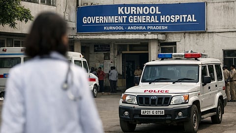 A serious editorial-style image showing a hospital exterior in Kurnool, Andhra Pradesh, with a police vehicle parked nearby.