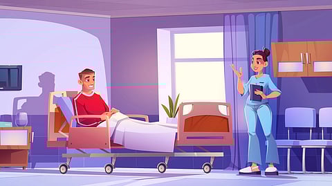 Hospital ward with patient on bed and doctor