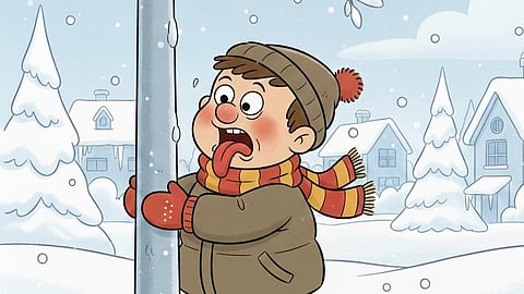 A cartoonish illustration of a boy in winter clothes attempting to stick his tongue to a frozen metal pole in extreme cold, with snow and icy surroundings.