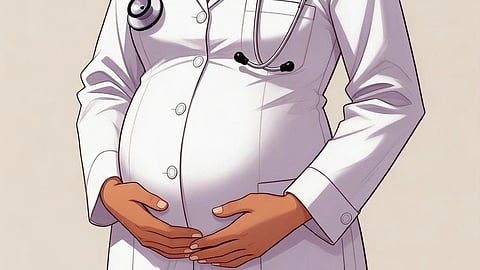 Illustration of a pregnant doctor holding her belly.