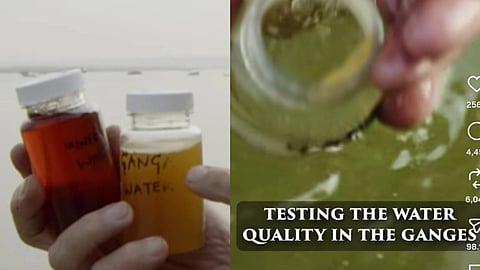 Screenshots from Jeremy Wade’s rivermonsters_official Instagram reel showing water quality testing of the Ganga, with chemicals changing color to reveal fecal contamination.