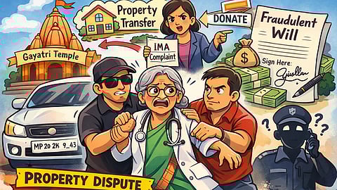 Cartoon-style illustration showing an elderly Indian woman doctor being forcibly taken by two men toward a white car, with other visual elements.