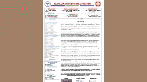 Press note issued by the Telangana Junior Doctors’ Association (JUDA) displayed in front of a plain brown background.