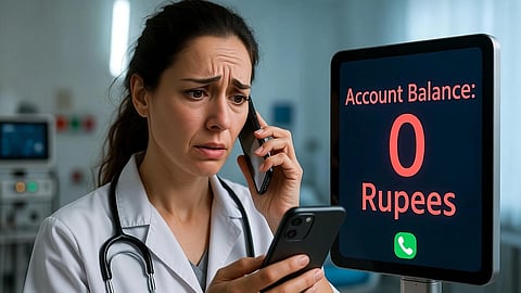 Illustration of a doctor on call and looking distressed and a screen showing er account balance as zero.