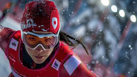 Close-up of a focused skier in red gear, wearing goggles and a hat, with snowflakes around.