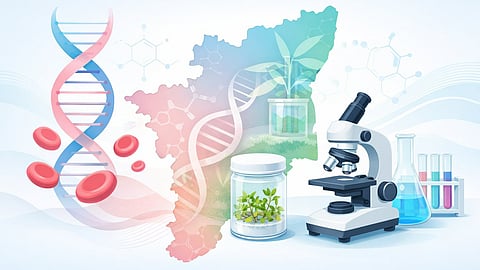 A conceptual biotechnology education hero image featuring the outline map of Tamil Nadu blended with scientific elements like DNA helix, blood cells, microscope,