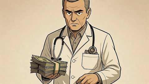 An illustration of a doctor holding bundles of cash on his left hand.