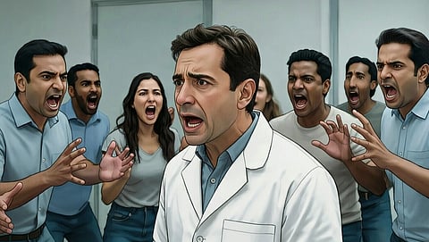 An illustration of a doctor and people surrounding him and shouting at him.