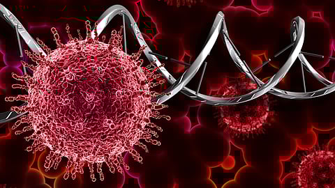An abstract image showing red virus-like particles floating near a metallic DNA strand on a dark background.