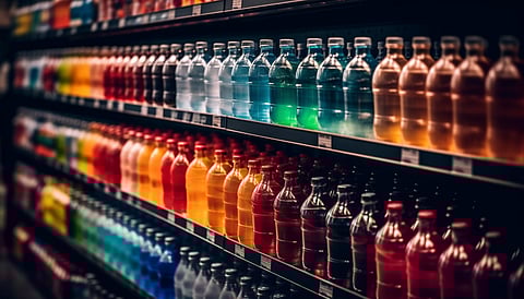 Many rows of soft drinks kept on the shelves of a supermarket. 
