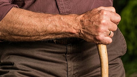 Close-up of an elderly person’s hands holding a wooden walking stick, wearing a brown shirt.