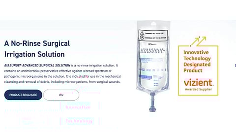 Illustration highlighting BIASURGE® Advanced Surgical Solution, showing key features of its no-rinse surgical irrigation solution.
