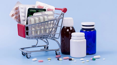 Pills kept in a cart and plastic containers
