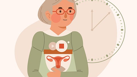 Illustration of a person with gray hair and glasses holding an hourglass featuring a uterus symbol.