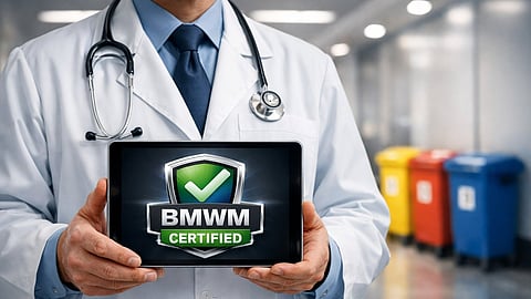Cinematic shot of a healthcare professional in a clean lab coat, holding a digital tablet displaying a "BMWM Certified" badge