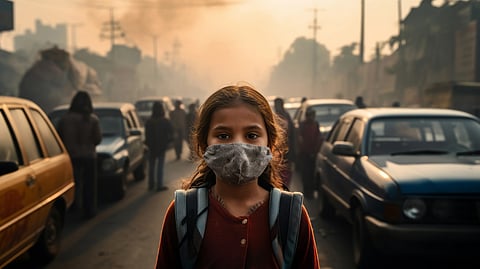 A young school  girl wearing a face mask stands in heavy traffic on a smog-filled urban street, surrounded by cars and haze, highlighting the impact of urban disease and air pollution on children’s health.