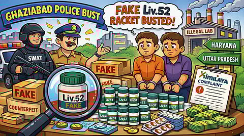 Cartoon-style illustration showing police busting a fake Liv.52 medicine racket, with seized counterfeit tablets, packaging boxes, and accused individuals.
