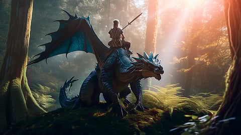 A warrior riding a blue dragon in a magical forest.