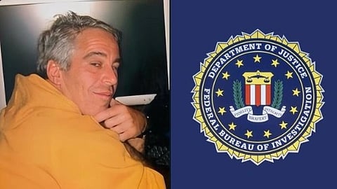 Jeffery Epstein in yellow shirt and FBI logo.