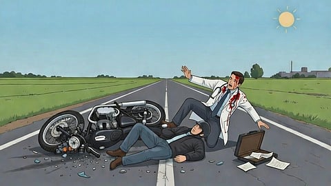 An illustration of a bike accident, both rider and doctor injured on road.