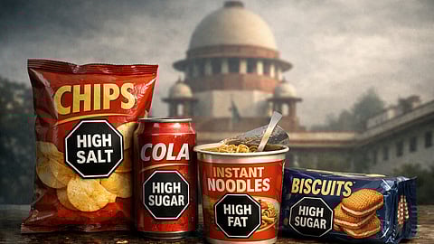 Illustration showing packaged junk foods with front-of-pack warning labels, with the Supreme Court of India  in the background.