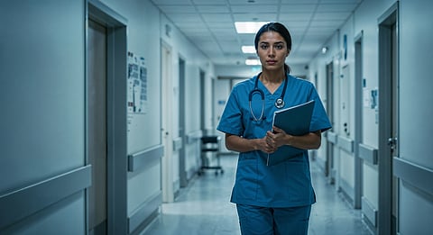 Nurse walking down hospital corridor