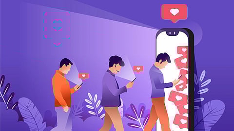 Illustration of three people absorbed in smartphones, walking into a giant phone with like icons.